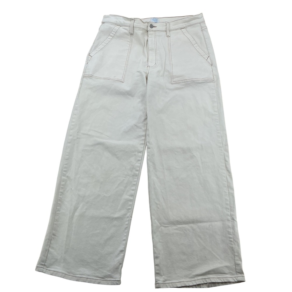 Time and Tru Wide Leg Utility Pants Womens 16 Cream Cotton Contrast Stitch Boho